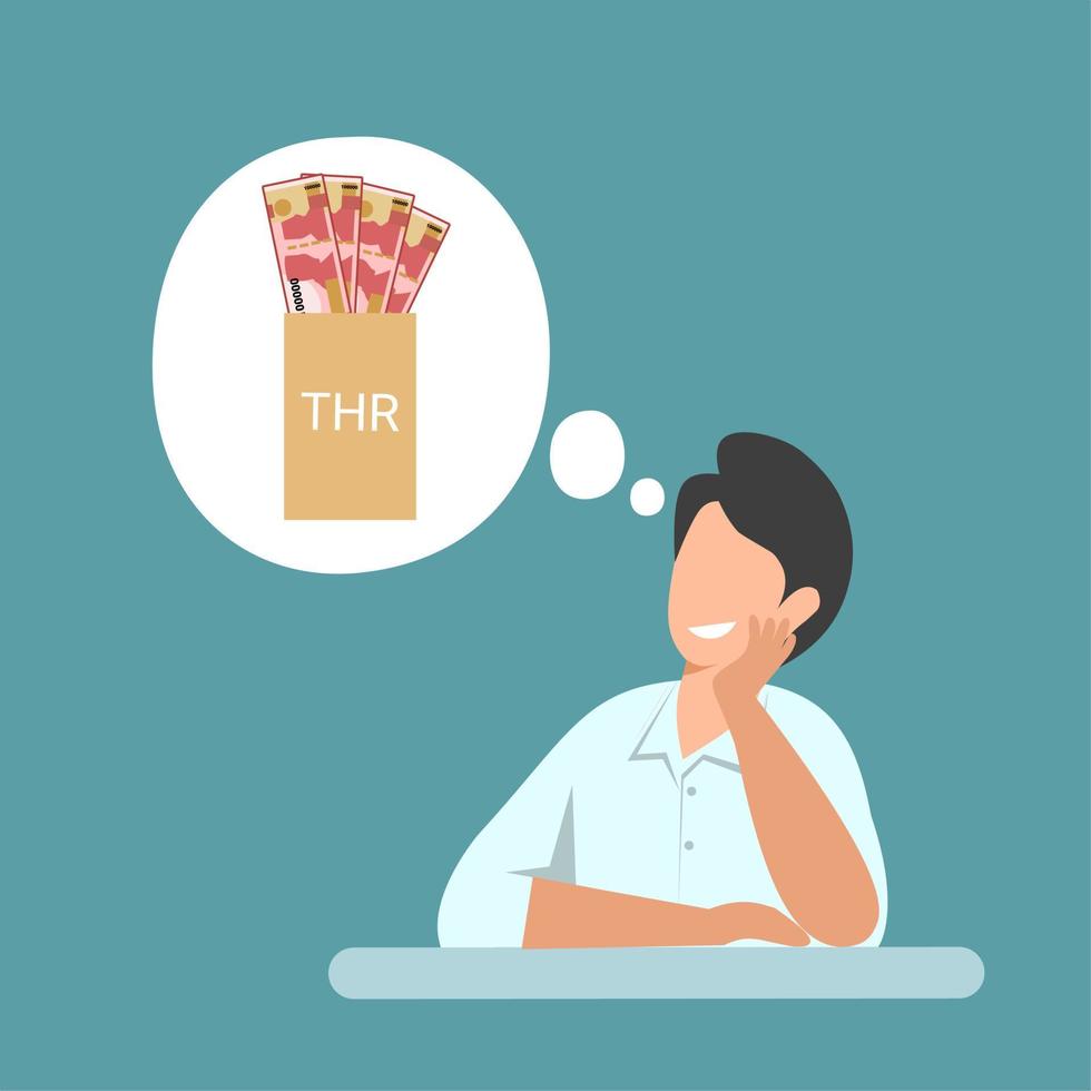 Vector illustration, a man daydreaming about getting THR, THR is worker allowance money in Indonesia, which is given before Eid al-Fitr.