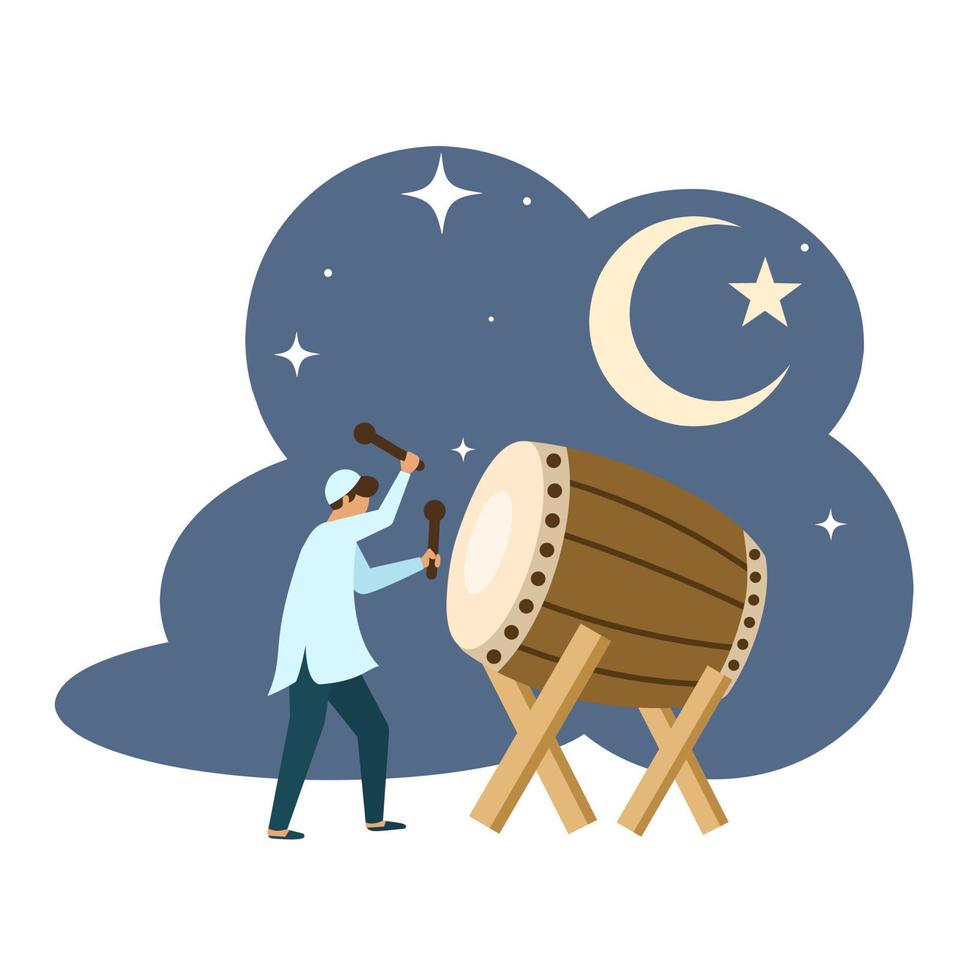 Vector illustration, Muslim boy playing the Bedug, Bedug is a large drum made of wood and cowhide, as a template for Eid greeting cards.