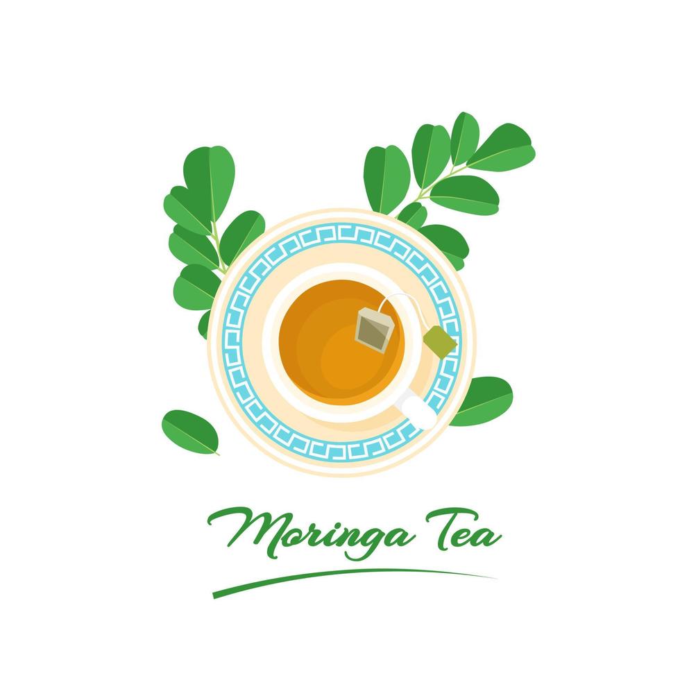 Moringa tea or Moringa oleifera, served in a cup, with fresh green leaves, isolated on a white background, vector illustration.