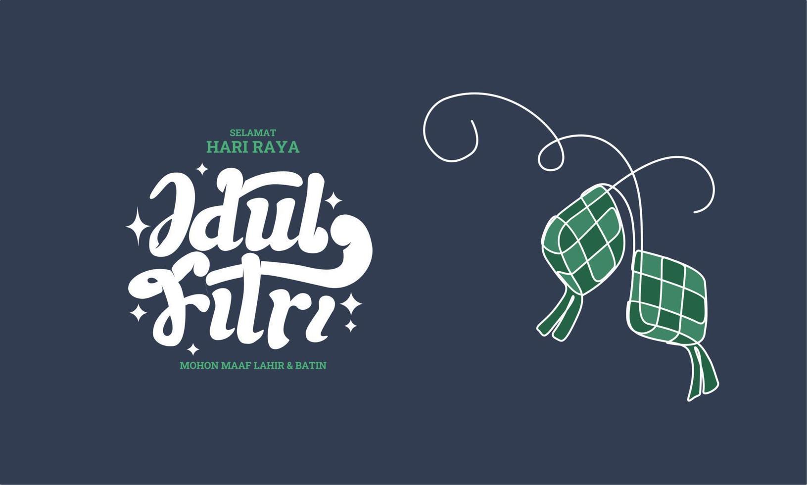 Selamat Idul Fitri typography. Translation Happy Eid, decorated with ketupat, ketupat is rice wrapped in coconut leaves. vector