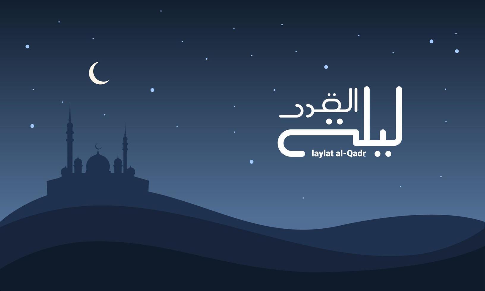 The atmosphere in the desert, with the background of the sky, crescent moon, stars and mosque silhouettes, Translation of the Arabic text of Laylat al Qadr, The night of determination or power. vector
