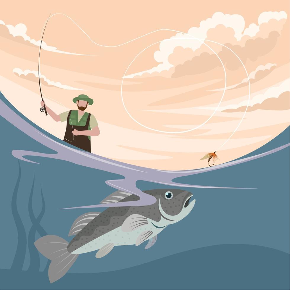 Flying fishing man, throwing bait on river surface, with underwater view, vector illustration.