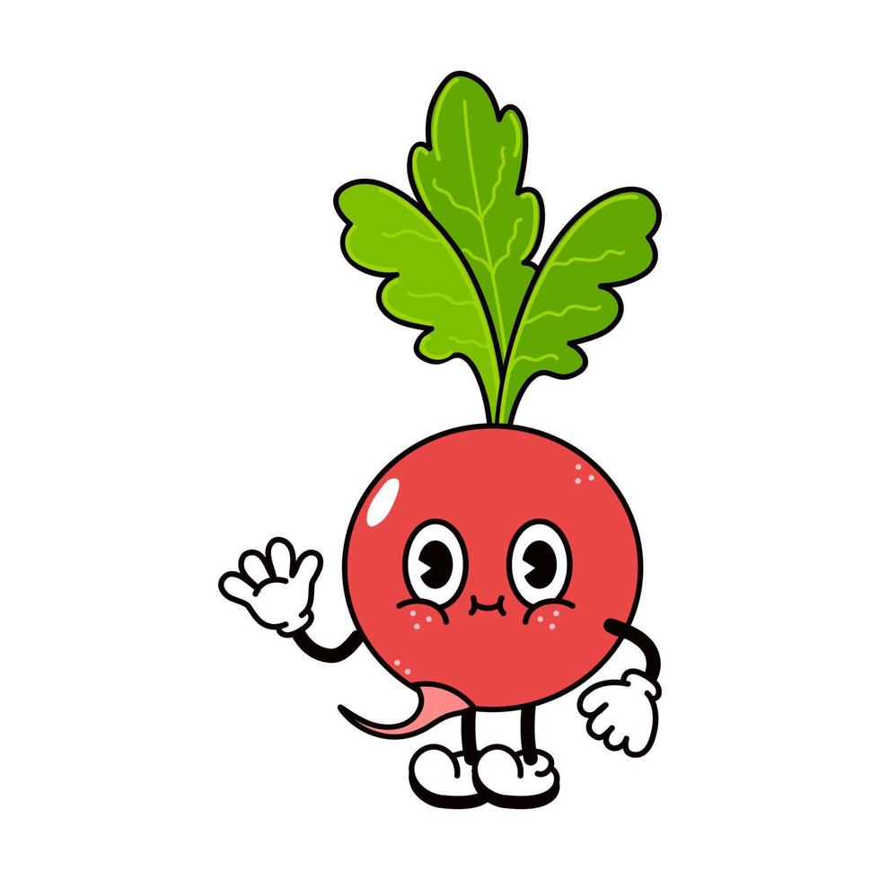 Cute funny radish waving hand character. Vector hand drawn traditional cartoon vintage, retro, kawaii character illustration icon. Isolated on white background. Radish character concept