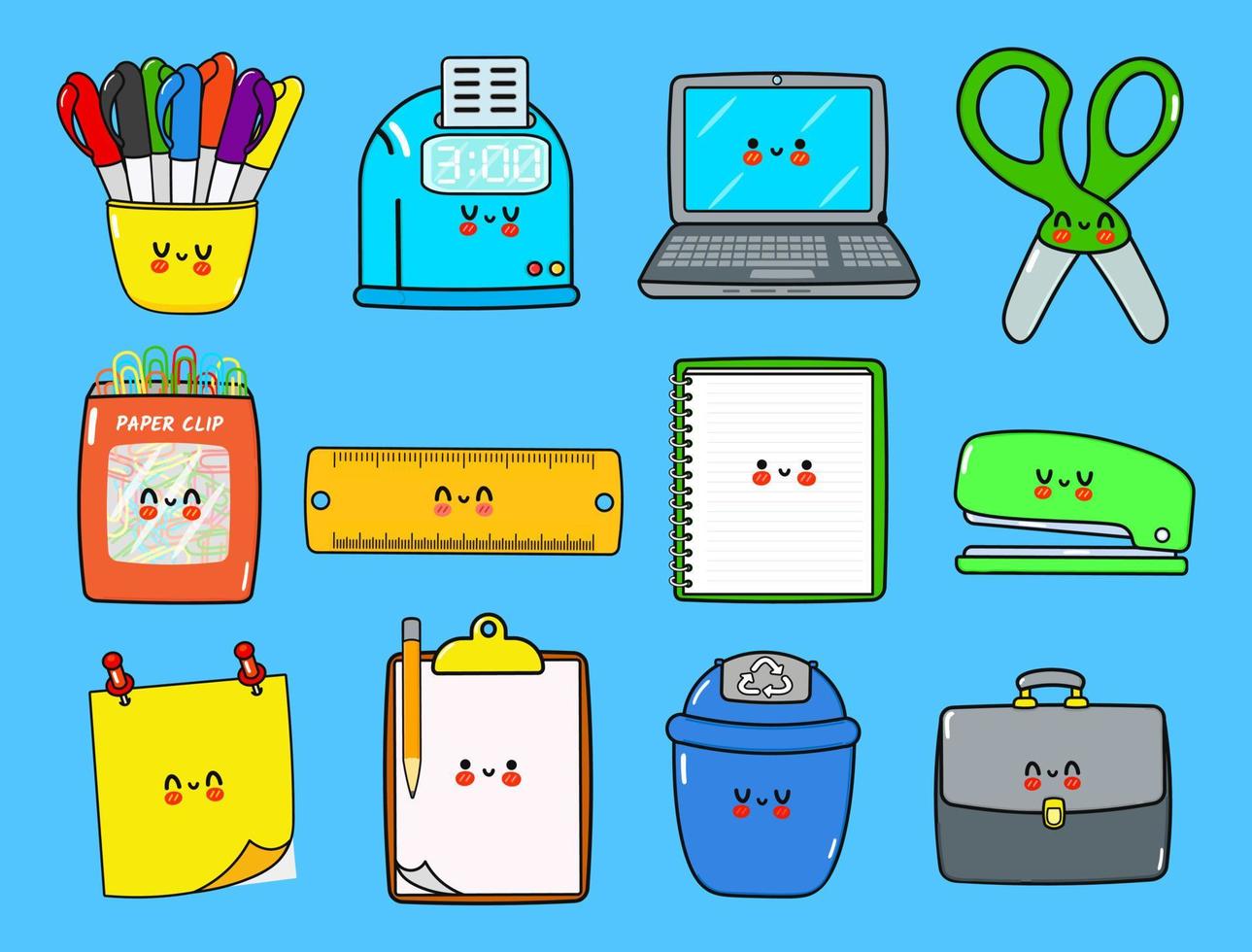 Funny happy work items characters bundle set. Vector hand drawn doodle. Ruler, Trash can, Stapler, Punch clock, Colored pens, Scissors, Laptop, Posted notes, Paper clip, Note pad, Work bag, Clip board