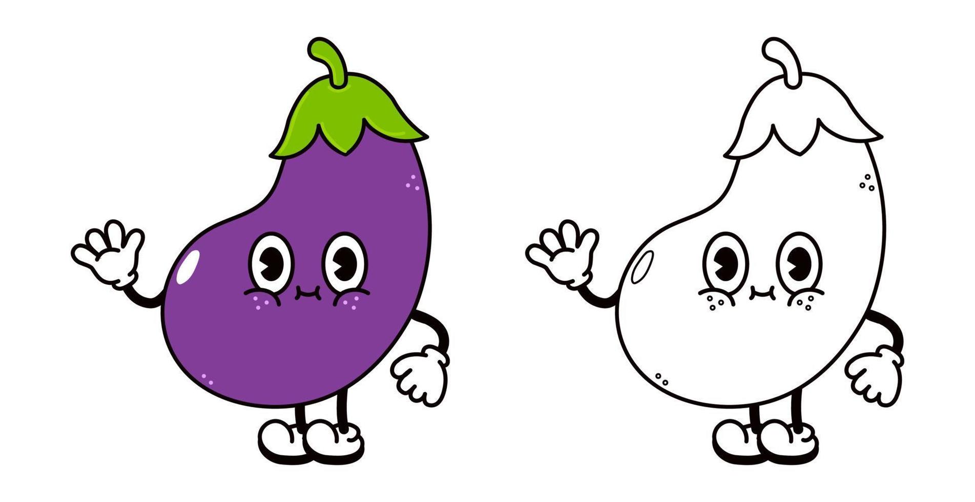 Cute funny eggplant waving hand character outline cartoon illustration for coloring book. Vector hand drawn eggplant,traditional cartoon vintage, retro, character. Isolated on white background