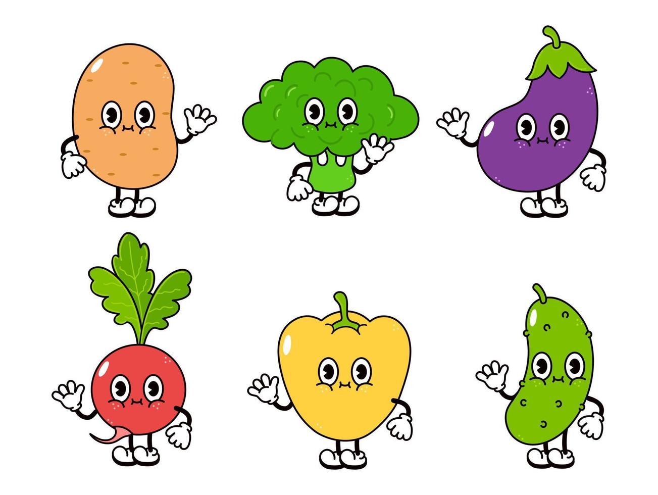 divertido lindo conjunto de personajes de vegetales felices. icono de ilustración de personaje kawaii de dibujos animados dibujados a mano vectorial. aislado sobre fondo blanco. patata linda, brócoli, berenjena, rábano, pimienta, pepino vector