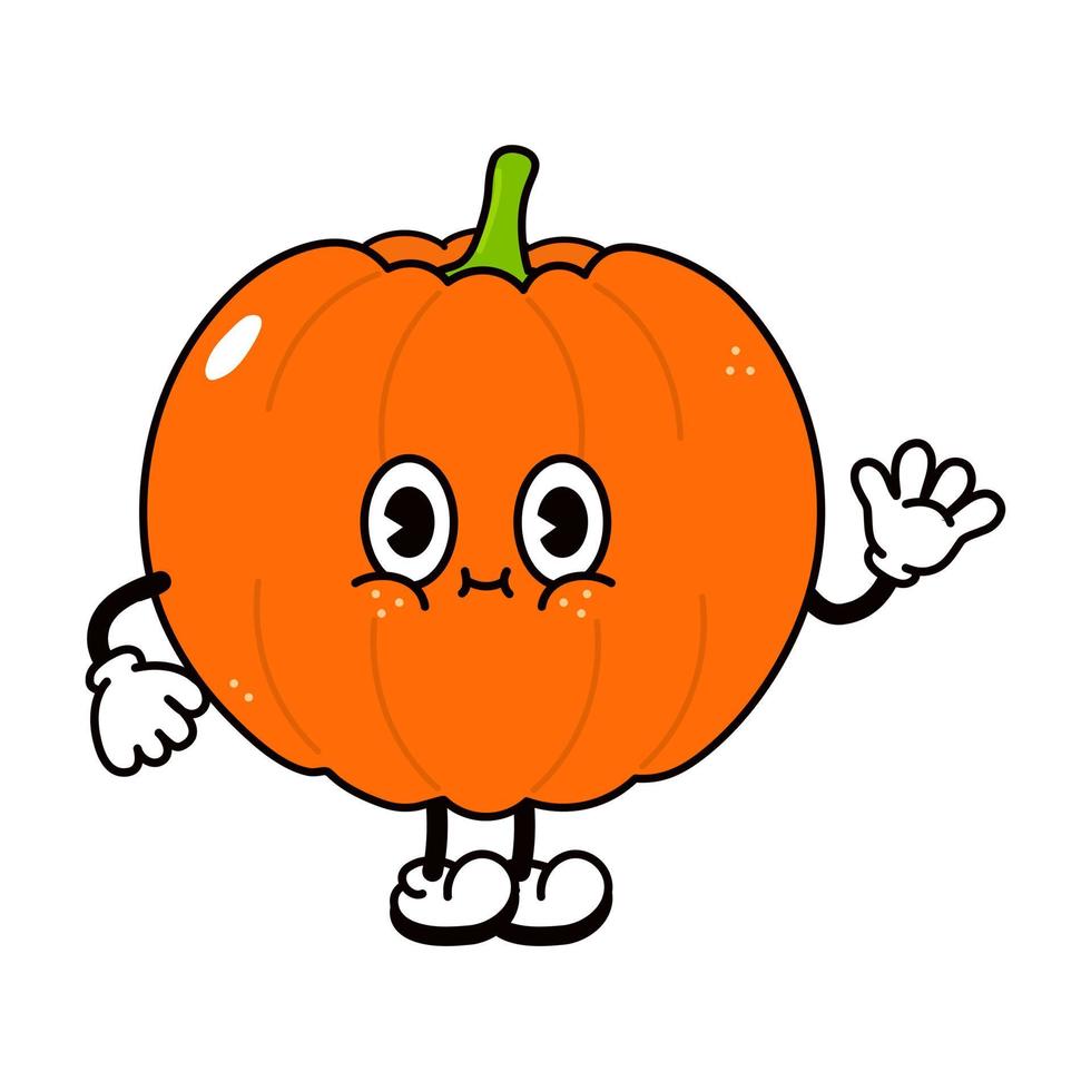 Cute funny pumpkin waving hand character. Vector hand drawn traditional cartoon vintage, retro, kawaii character illustration icon. Isolated on white background. Pumpkin character concept