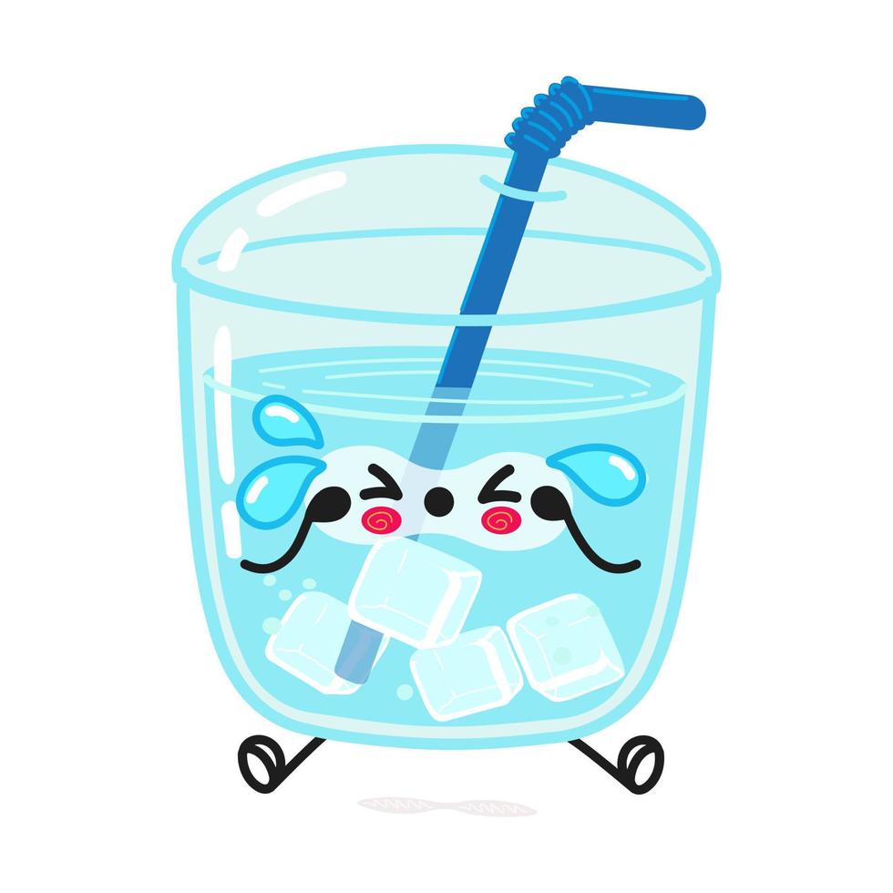 Cute sad glass of water character. Vector hand drawn cartoon kawaii character illustration icon. Isolated on white background. Sad glass of water character concept