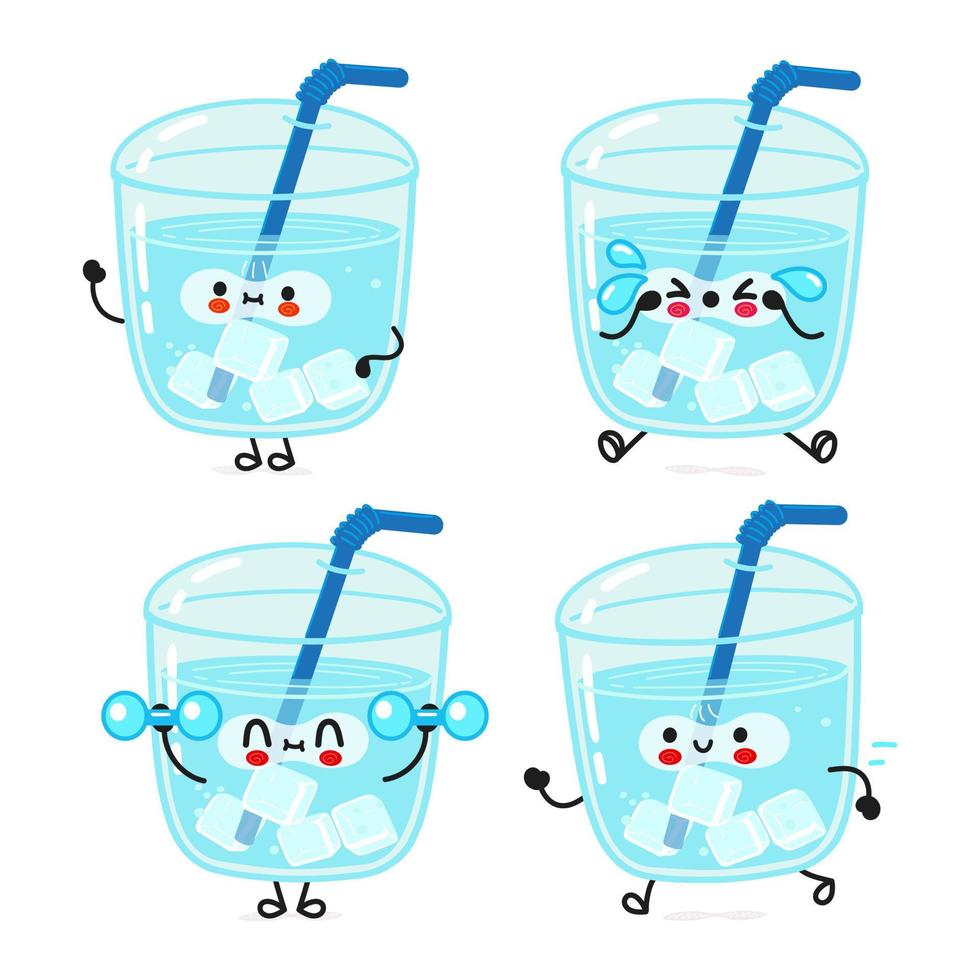 Funny cute happy glass of water characters bundle set. Vector hand drawn doodle style cartoon character illustration icon design. Cute glass of water mascot character collection
