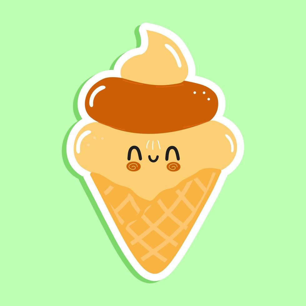 lindo y divertido personaje de pegatina de helado. icono de ilustración de personaje kawaii de dibujos animados dibujados a mano vectorial. aislado sobre fondo blanco. concepto de personaje de helado vector