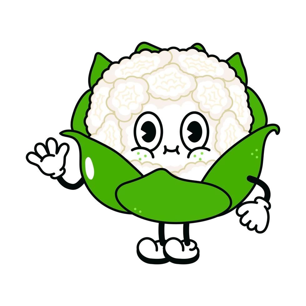 lindo y divertido personaje de mano que agita la coliflor. vector dibujado a mano dibujos animados tradicionales vintage, retro, icono de ilustración de carácter kawaii. aislado sobre fondo blanco. concepto de personaje de coliflor