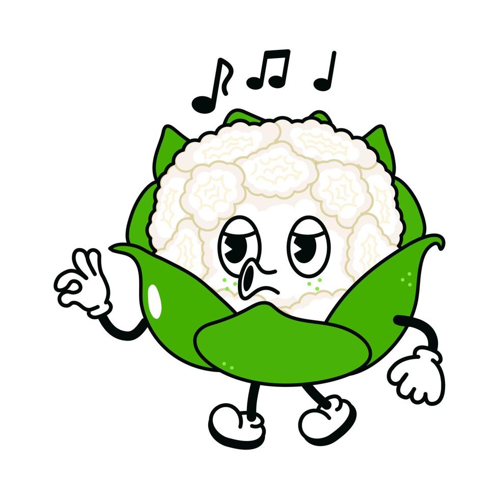 Cute funny cauliflower walking singing character. Vector hand drawn traditional cartoon vintage, retro, kawaii character illustration icon. Isolated white background. cabbage walk and sing character