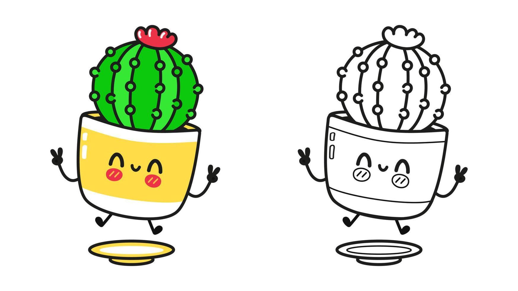 Happy cactus characters bundle set. Vector hand drawn cartoon kawaii character illustration icon. Isolated on white background. Cute cactus mascot character collection. Outline cartoon  coloring book