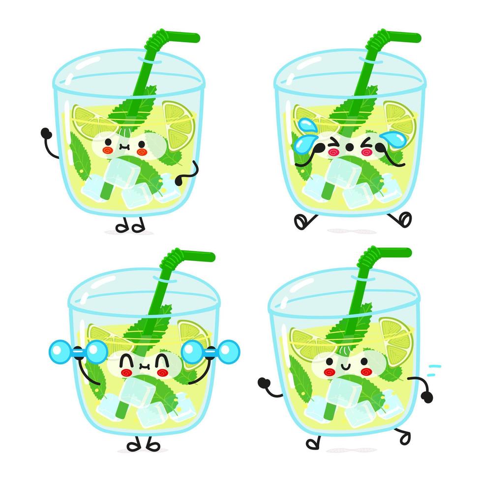 Funny cute happy mojito characters bundle set. Vector hand drawn doodle style cartoon character illustration icon design. Cute mojito mascot character collection