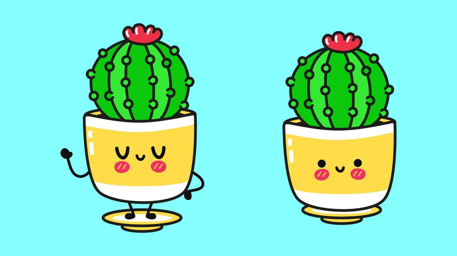 divertido lindo juego de personajes de cactus felices. icono de ilustración de personaje kawaii de dibujos animados dibujados a mano vectorial. aislado sobre fondo blanco. linda colección de personajes de mascota de cactus. vector