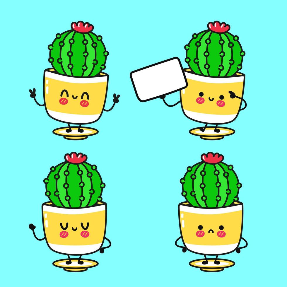 divertido lindo juego de personajes de cactus felices. ilustración de estilo de dibujos animados de línea kawaii vectorial. linda colección de personajes de mascota de cactus vector