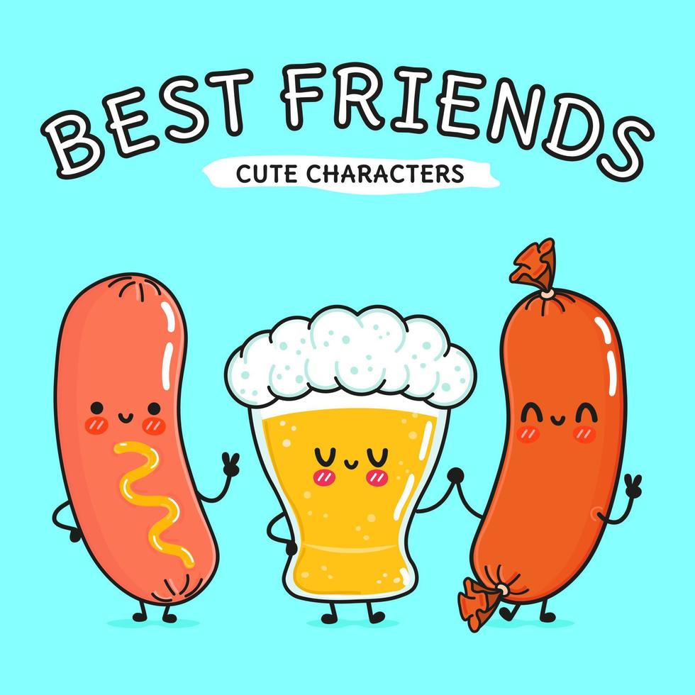 Cute, funny happy glass of beer, sausage and sausage with mustard. Vector hand drawn cartoon kawaii characters, illustration icon. Funny cartoon glass of beer, sausage and sausage with mustard