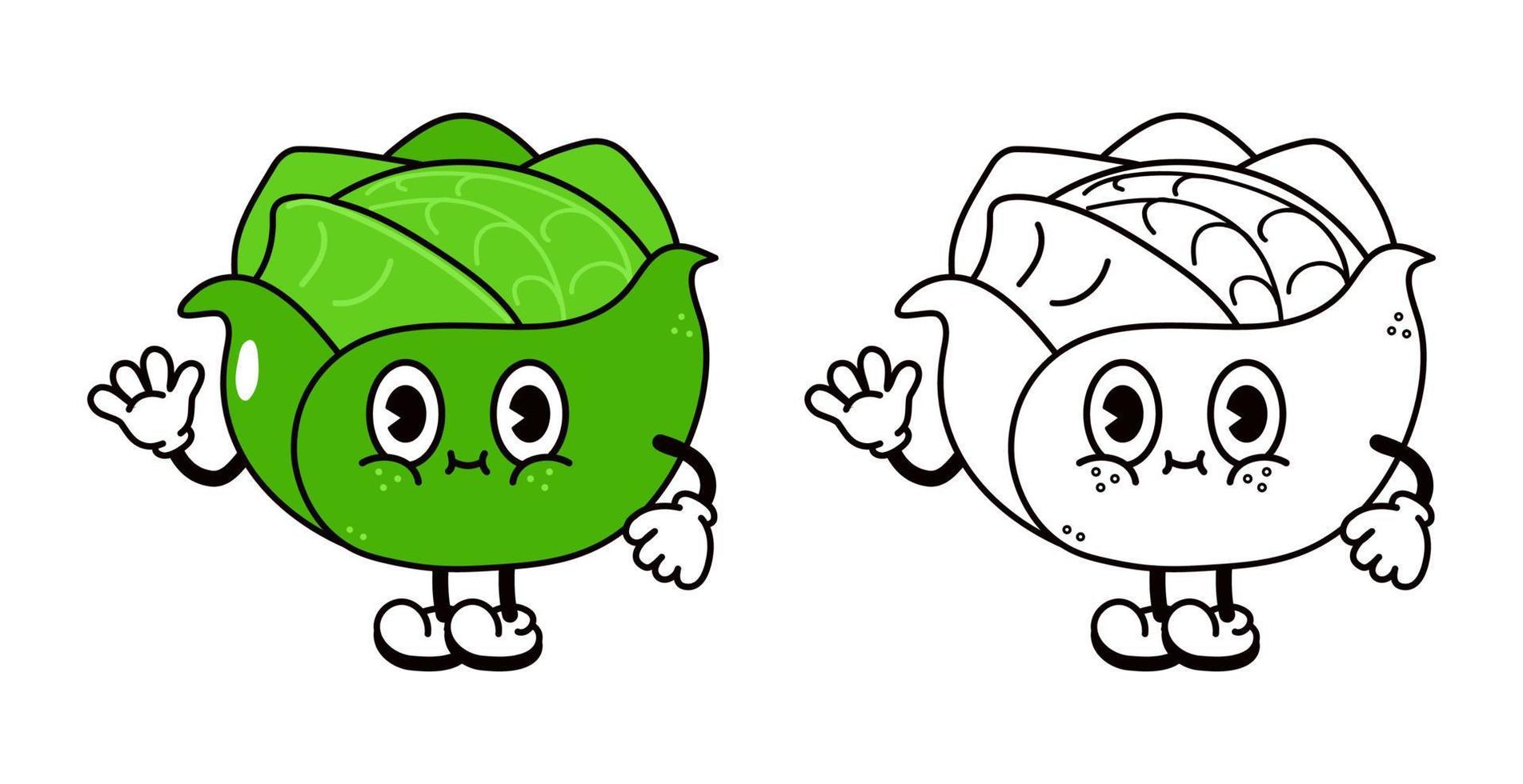 Cute funny cabbage waving hand character outline cartoon illustration for coloring book. Vector hand drawn traditional cartoon vintage, retro, cabbage character. Isolated on white background