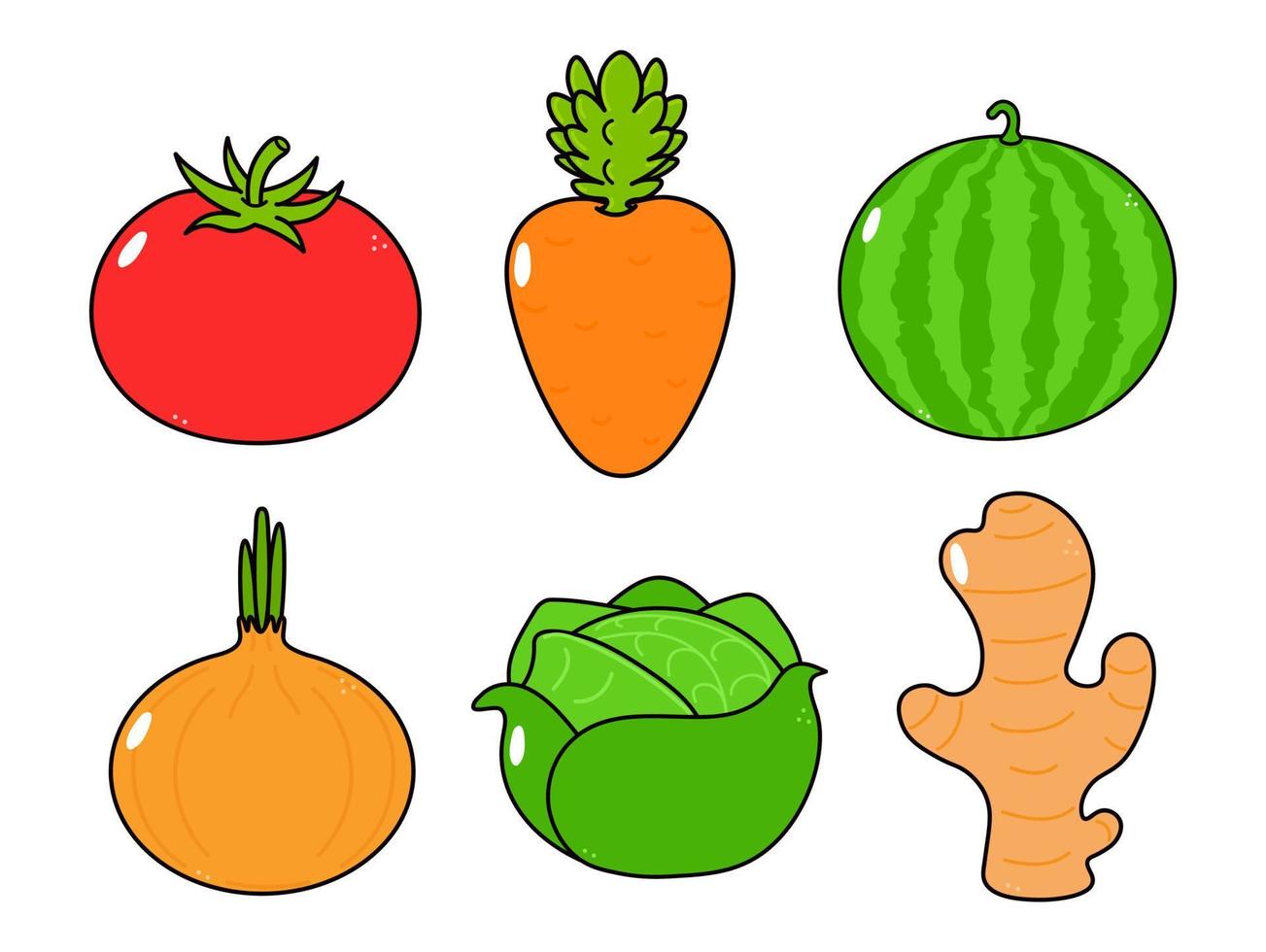 Funny cute happy vegetables characters bundle set. Vector hand drawn cartoon kawaii character illustration icon. Isolated on white background. Cute tomato, watermelon, onion, cabbage, ginger, carrot