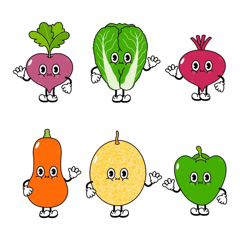 divertido lindo conjunto de personajes de vegetales felices. icono de ilustración de personaje kawaii de dibujos animados dibujados a mano vectorial. rábano lindo, col china, remolacha, calabaza, melón, pimienta vector