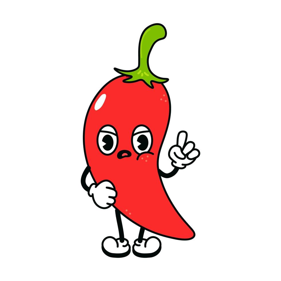 Cute angry sad chili pepper character. Vector hand drawn traditional cartoon vintage, retro, kawaii character illustration icon. Isolated on white background. Angry chili pepper character concept