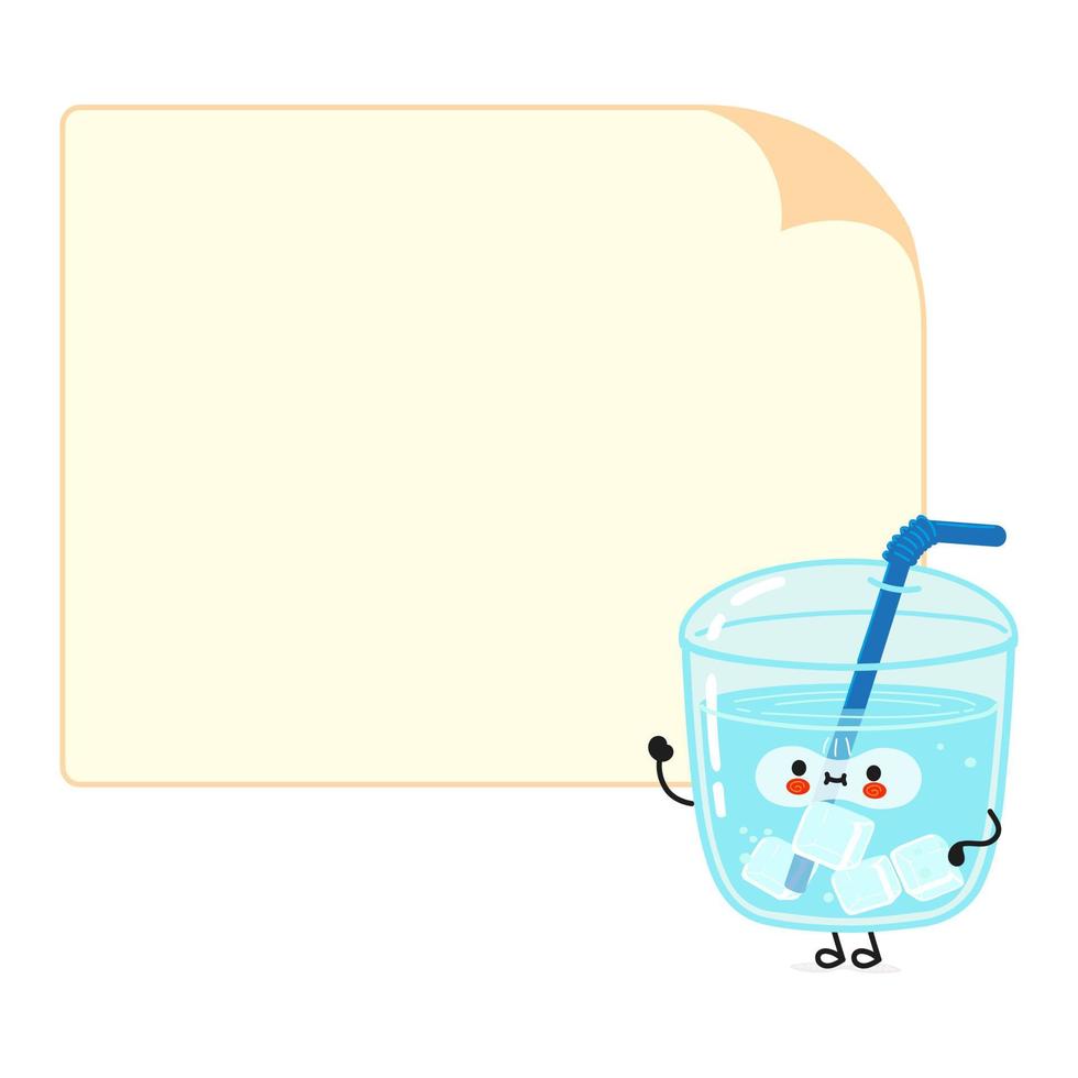 Cute funny glass of water character with speech bubble. Vector hand drawn cartoon kawaii character illustration icon. Isolated on white background. Glass of water character concept