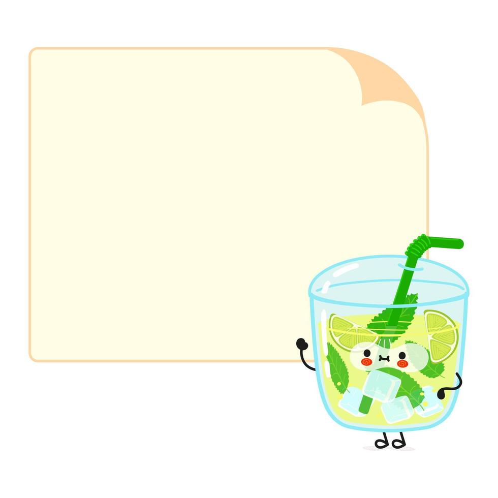 lindo personaje mojito divertido con burbuja de habla. icono de ilustración de personaje kawaii de dibujos animados dibujados a mano vectorial. aislado sobre fondo blanco. concepto de personaje de mojito vector