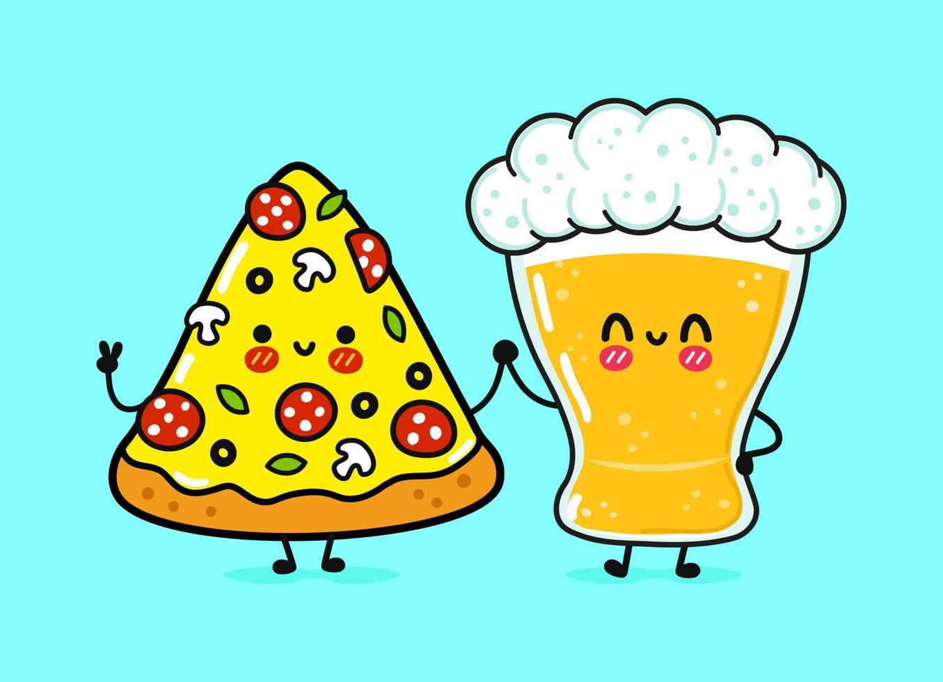 Cute, funny happy glass of beer and pizza. Vector hand drawn cartoon kawaii characters, illustration icon. Funny cartoon glass of beer and pizza mascot friends concept