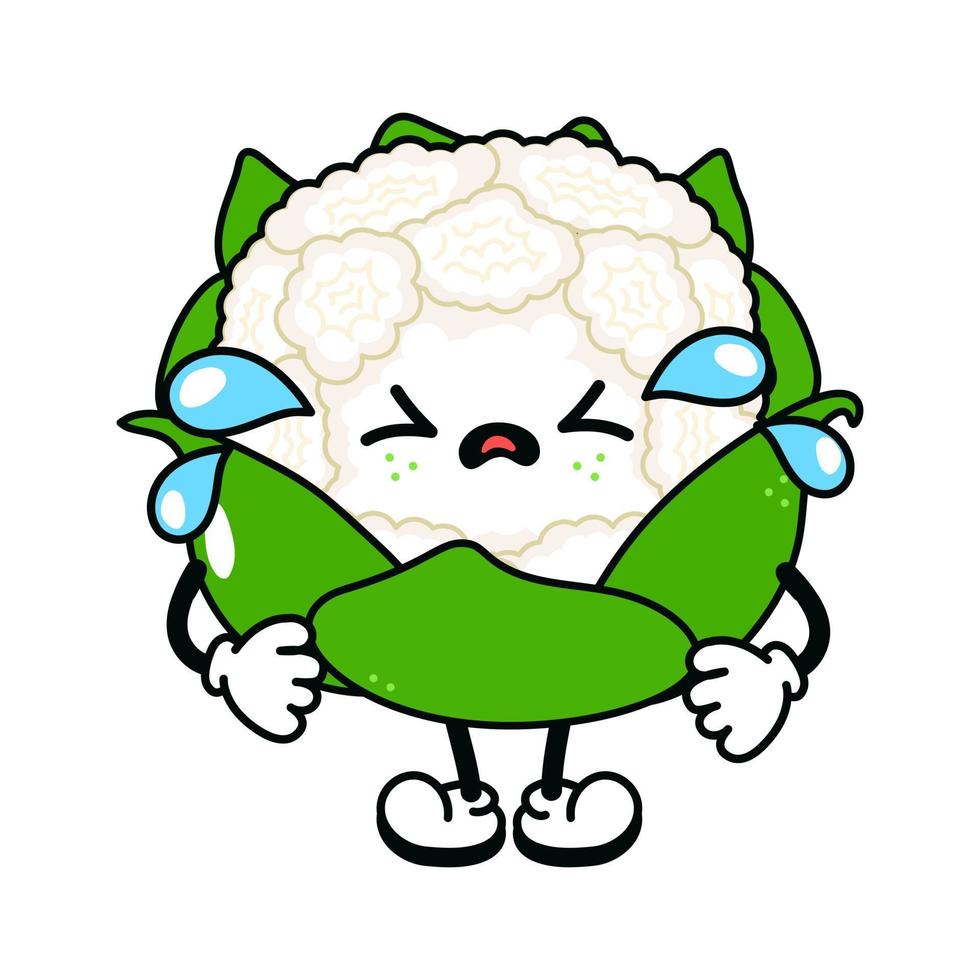 Cute funny crying sad cauliflower character. Vector hand drawn traditional cartoon vintage, retro, kawaii character illustration icon. Isolated on white background. Cry cabbage character concept