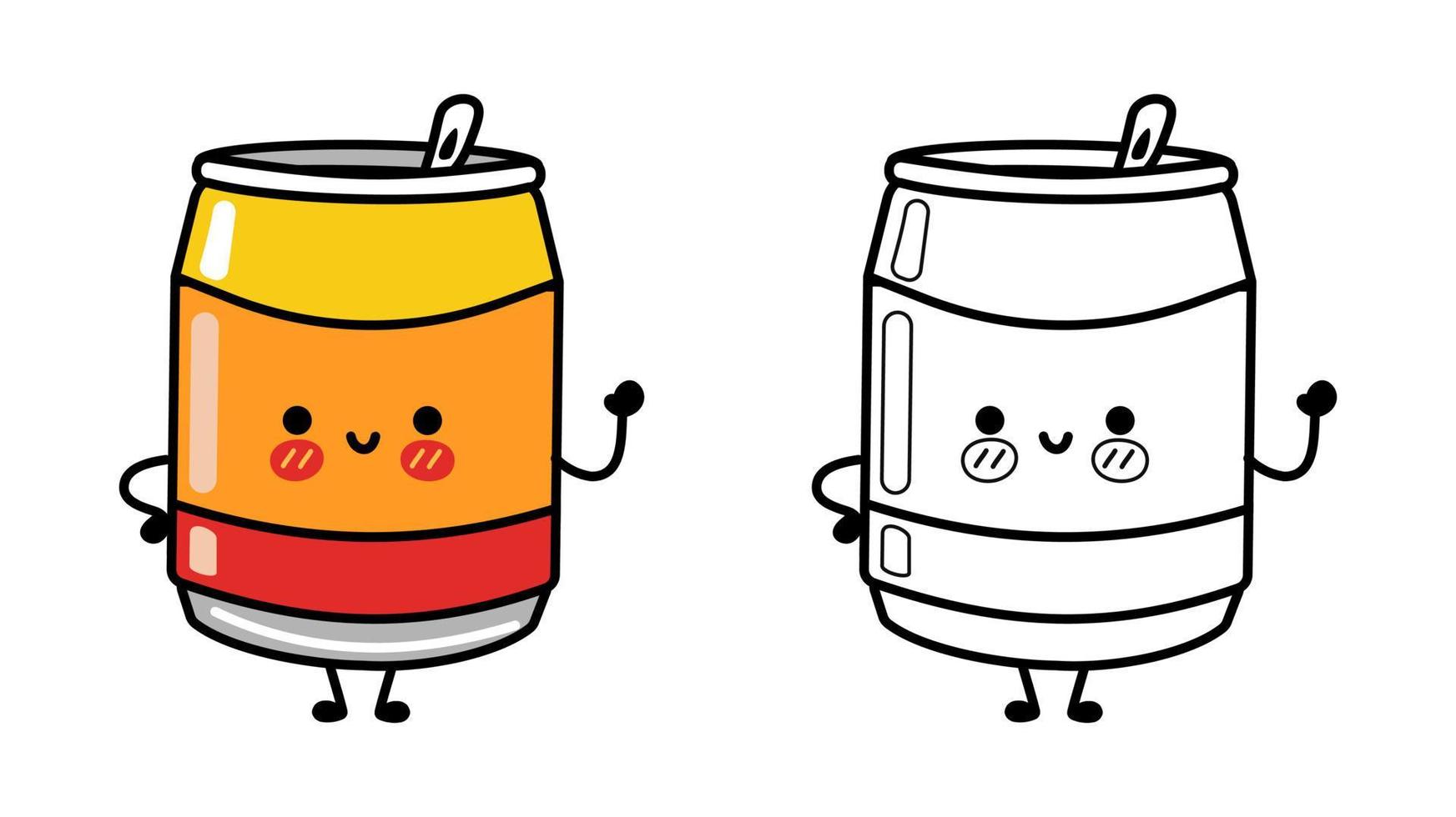 conjunto de personajes divertidos y lindos de soda feliz. icono de ilustración de personaje kawaii de dibujos animados dibujados a mano vectorial. linda colección de personajes de mascota de soda. esquema de ilustración de dibujos animados para colorear libro vector