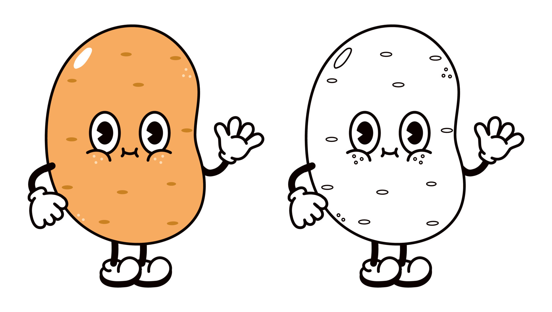 Cute funny potato waving hand character outline cartoon illustration for coloring book. Vector