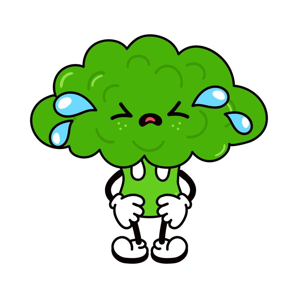 Cute funny crying sad broccoli character. Vector hand drawn traditional cartoon vintage, retro, kawaii character illustration icon. Isolated on white background. Cry broccoli character concept
