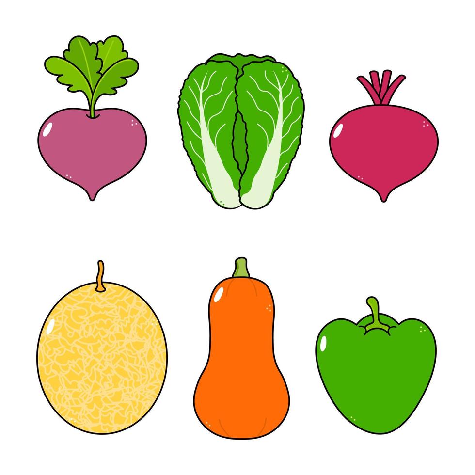 divertido lindo conjunto de personajes de vegetales felices. icono de ilustración de personaje kawaii de dibujos animados dibujados a mano vectorial. rábano lindo, col china, remolacha, calabaza, melón, pimienta vector