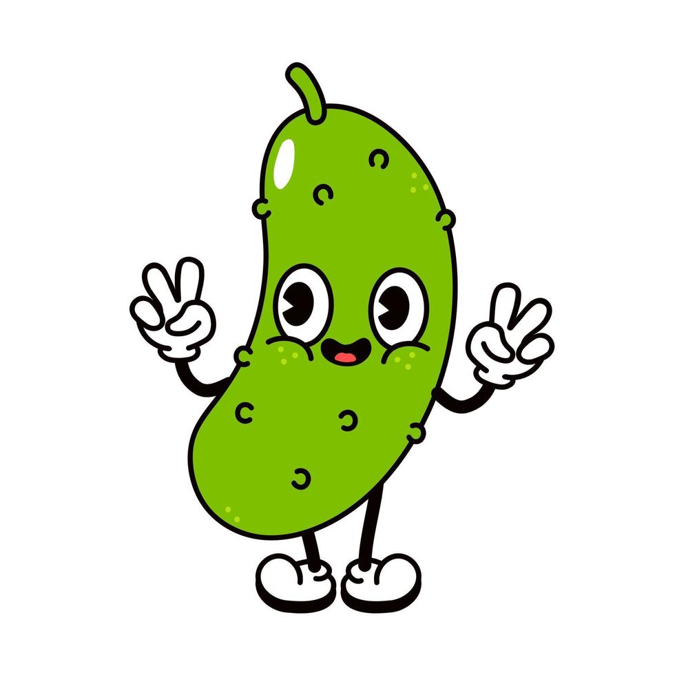 Cute funny smiling cucumber waving hand character. Vector hand drawn traditional cartoon vintage, retro, kawaii character illustration icon. Isolated on white background. Smiling cucumber character