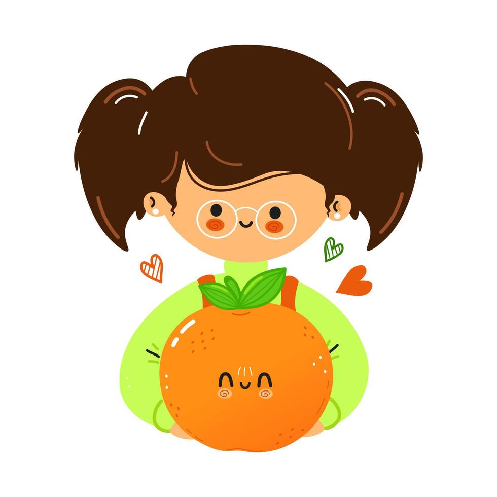 joven linda y graciosa niña sostiene mandarina en la mano. niña abraza lindo mandarín, emoji, niño, bebé, adorable, niños, cítricos, dibujos animados, garabato, personaje vector