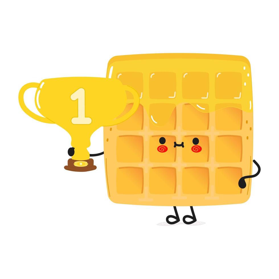 Cute funny wafer hold gold trophy cup. Vector hand drawn cartoon kawaii character illustration icon. Isolated on white background. Waffles with winner trophy cup