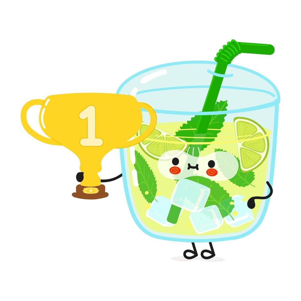 lindo mojito divertido sostener copa de trofeo de oro. icono de ilustración de personaje kawaii de dibujos animados dibujados a mano vectorial. aislado sobre fondo blanco. mojito con copa de trofeo ganador vector