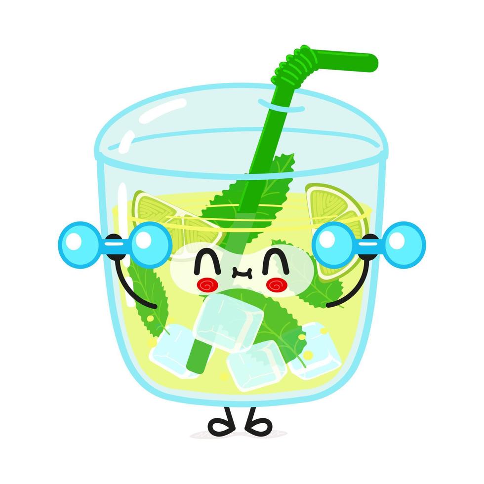 Cute funny mojito character with dumbbells. Vector hand drawn cartoon kawaii character illustration icon. Isolated on white background. Mojito character gym concept