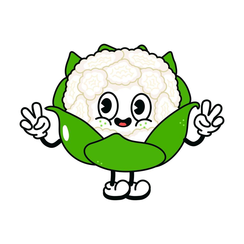 Cute funny cauliflower waving hand character. Vector hand drawn traditional cartoon vintage, retro, kawaii character illustration icon. Isolated on white background. Cauliflower character concept