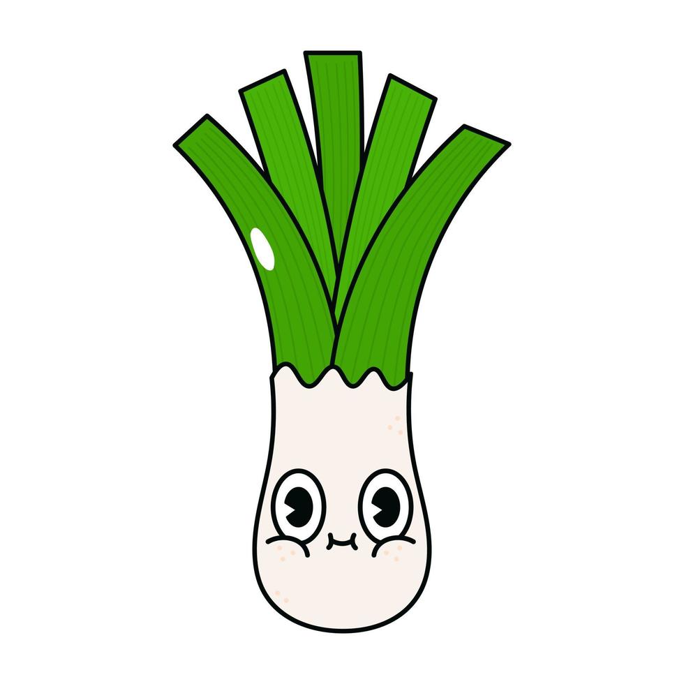 Cute funny leek character. Vector hand drawn traditional cartoon vintage, retro, kawaii character illustration icon. Isolated on white background. Leek character concept