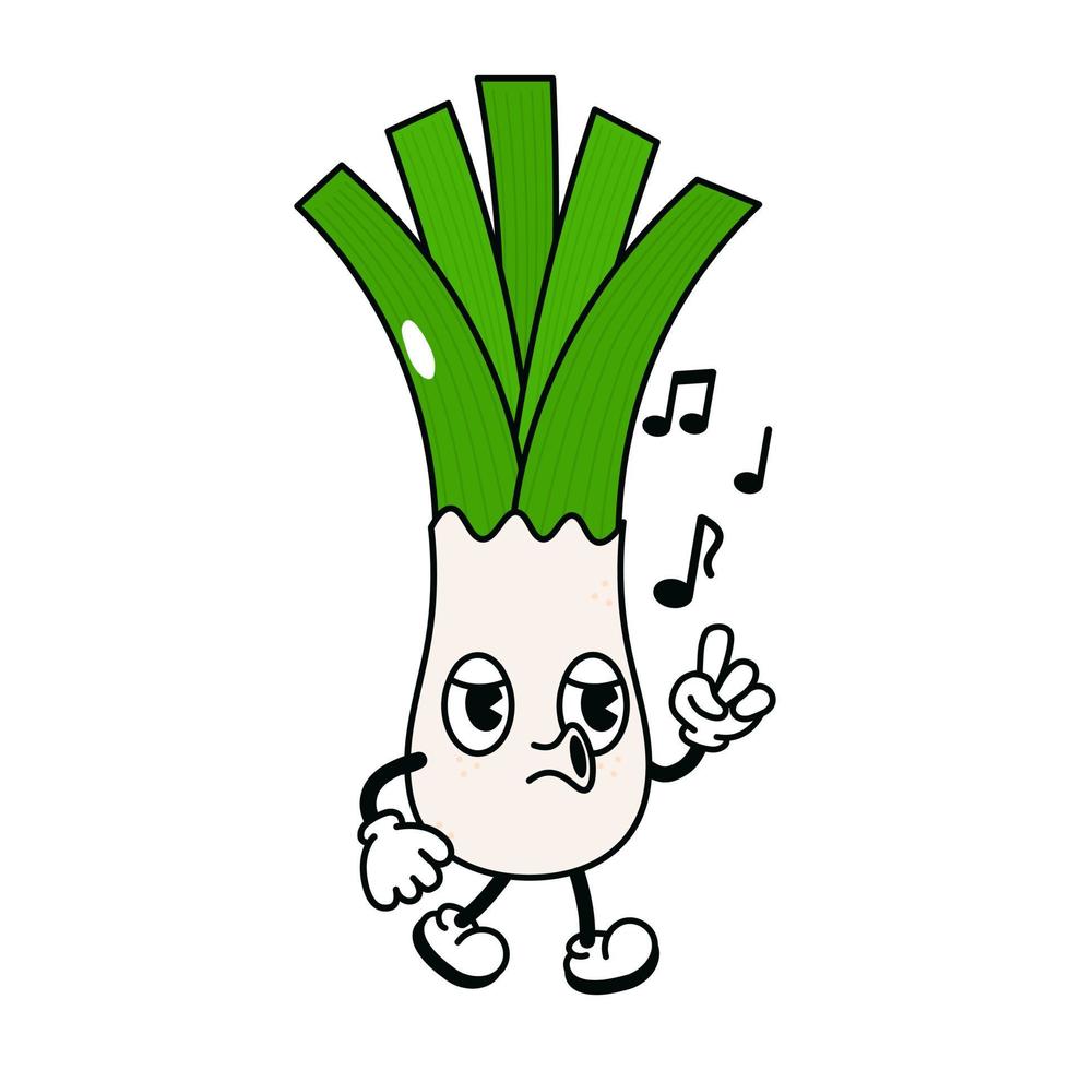 Cute funny leek walking singing character. Vector hand drawn traditional cartoon vintage, retro, kawaii character illustration icon. Isolated white background. Leek walk and sing character