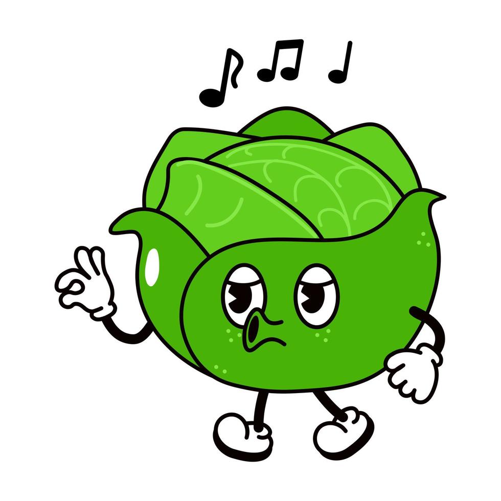 Cute funny cabbage walking singing character. Vector hand drawn traditional cartoon vintage, retro, kawaii character illustration icon. Isolated on white background. cabbage walk and sing character