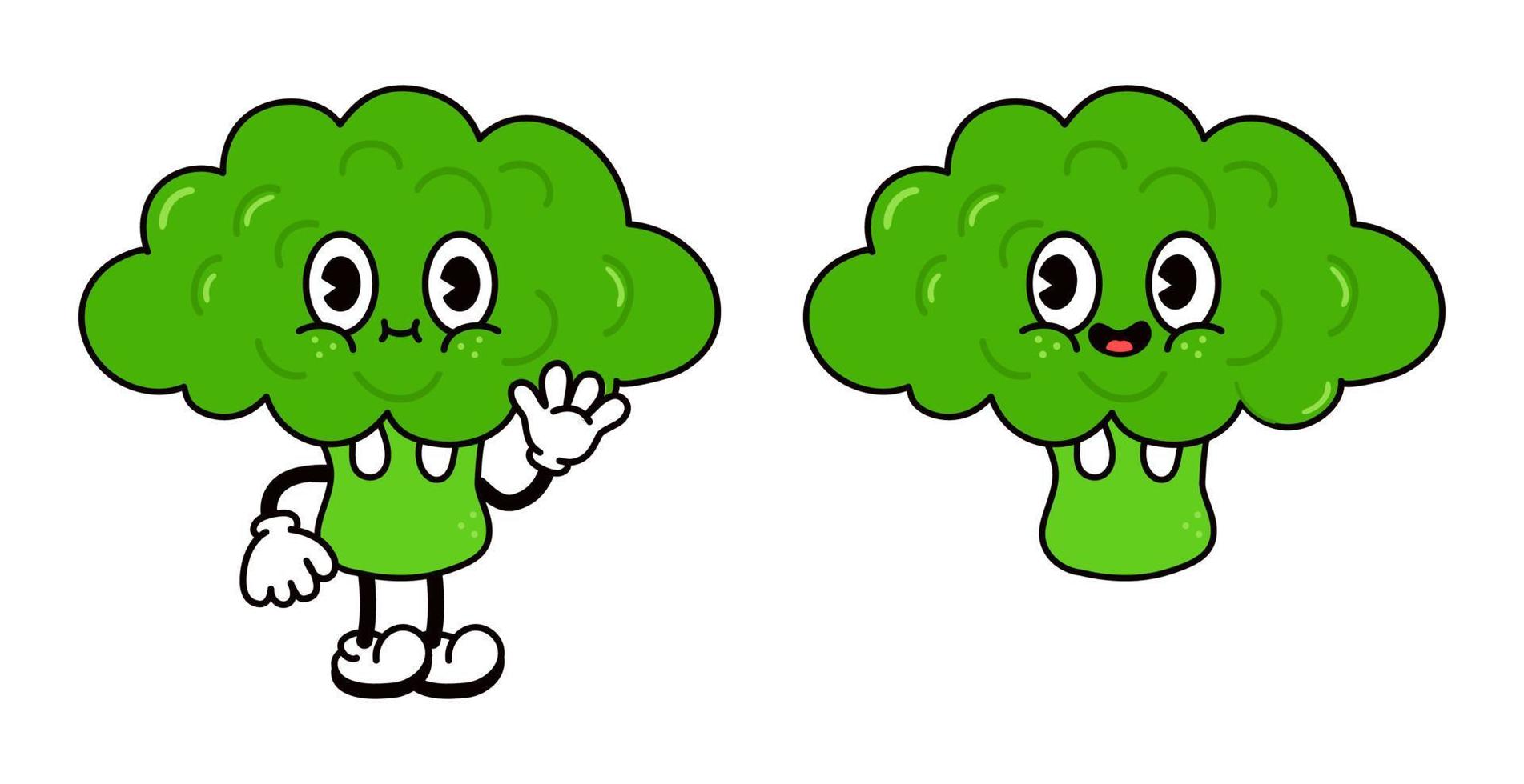 Cute funny broccoli waving hand character. Vector hand drawn traditional cartoon vintage, retro, kawaii character illustration icon. Isolated on white background. Broccoli cabbage character concept