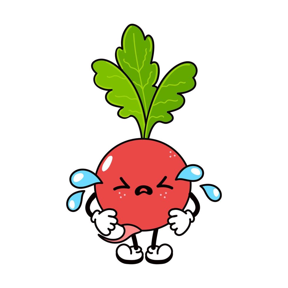 Cute funny crying sad radish character. Vector hand drawn traditional cartoon vintage, retro, kawaii character illustration icon. Isolated on white background. Cry radish character concept