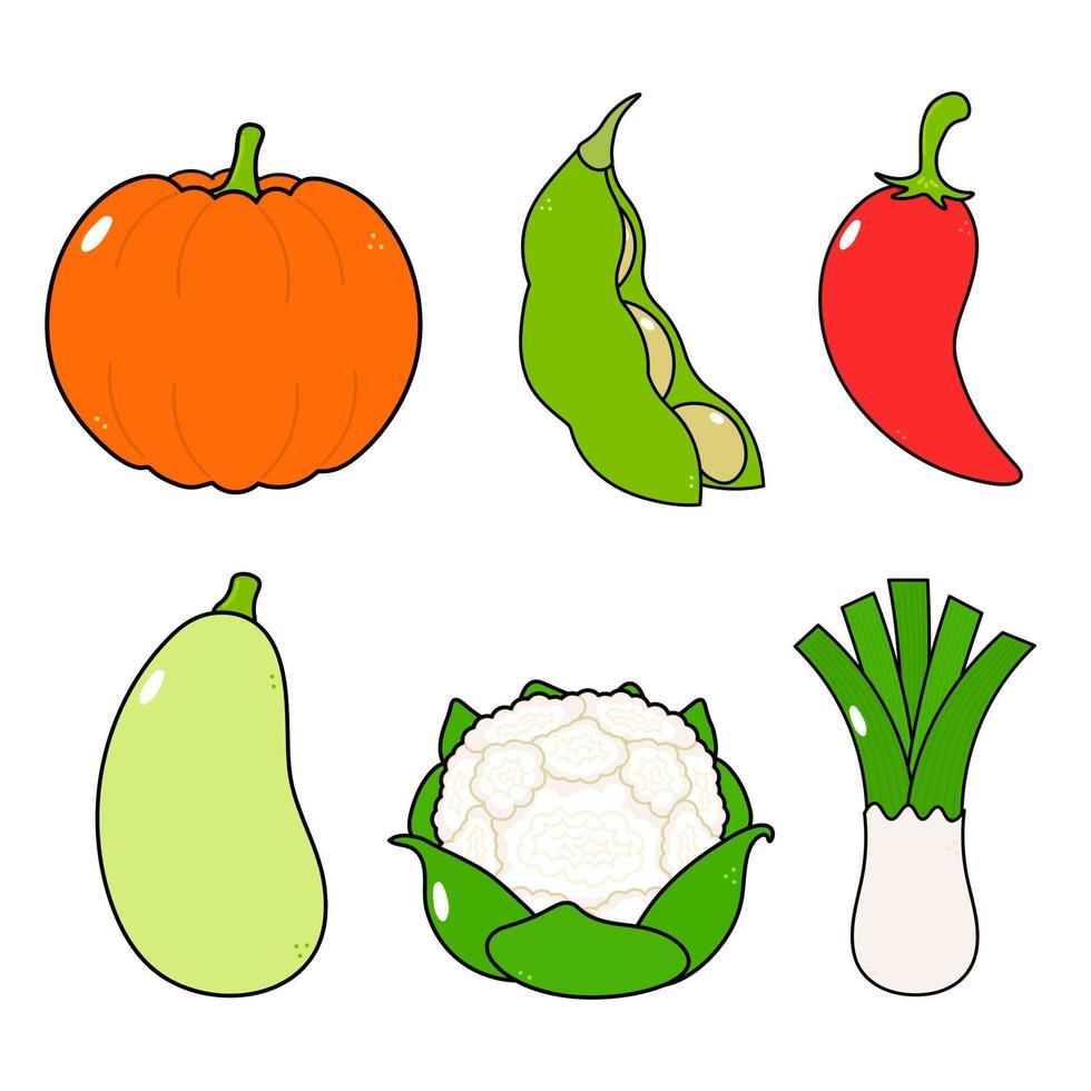 Funny happy vegetables characters bundle set. Vector hand drawn cartoon kawaii character illustration icon. Isolated on background. Cute pumpkin, beans, chilli, vegetable marrow, cauliflower, leek