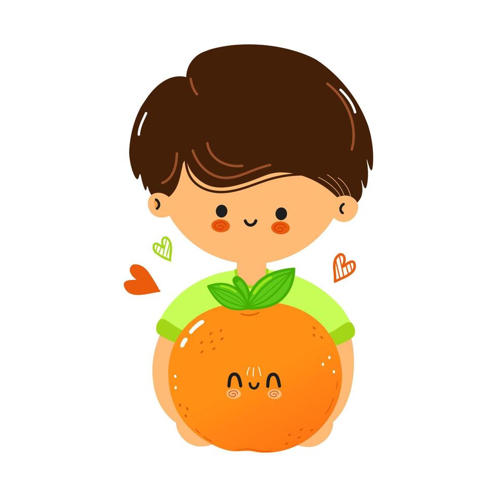 Cute funny boy hold mandarin in hand. Little boy hugs cute mandarin. Isolated on white background emoji,child,baby,adorable,kids,citrus,cartoon,doodle,character vector