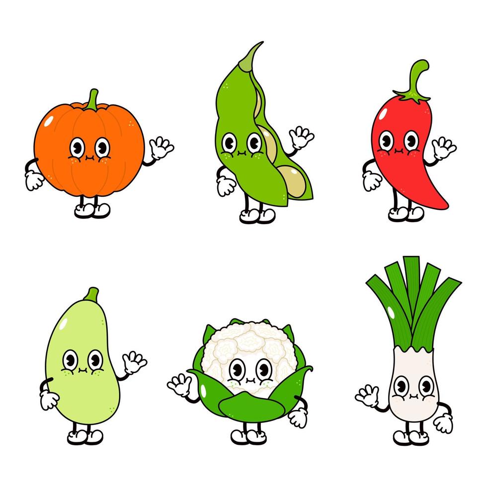 conjunto de divertidos personajes de vegetales felices. icono de ilustración de personaje kawaii de dibujos animados dibujados a mano vectorial. aislado en el fondo. linda calabaza, frijoles, chile, tuétano, coliflor, puerro vector