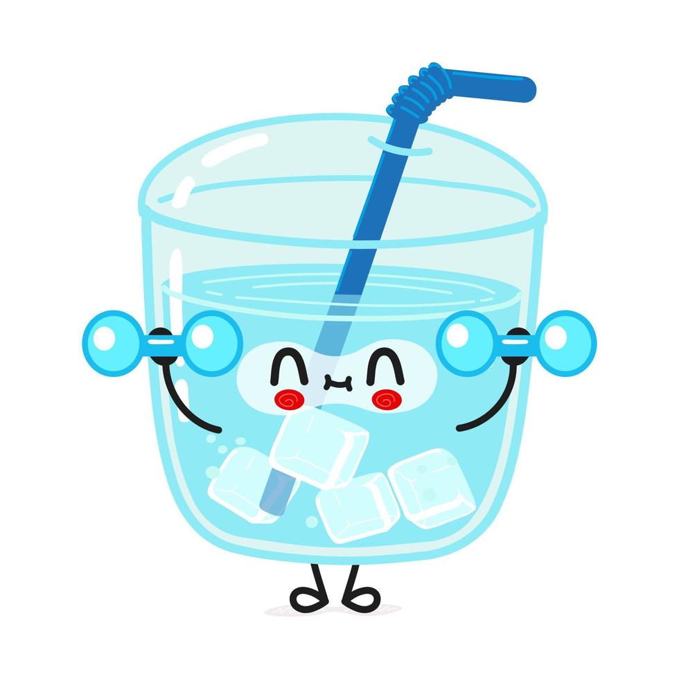 Cute funny glass of water character with dumbbells. Vector hand drawn cartoon kawaii character illustration icon. Isolated on white background. Glass of water character gym concept