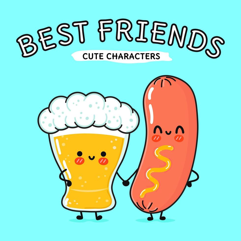 Cute, funny happy glass of beer and sausage with mustard. Vector hand drawn cartoon kawaii characters, illustration icon. Funny cartoon glass of beer and  sausage with mustard mascot character concept