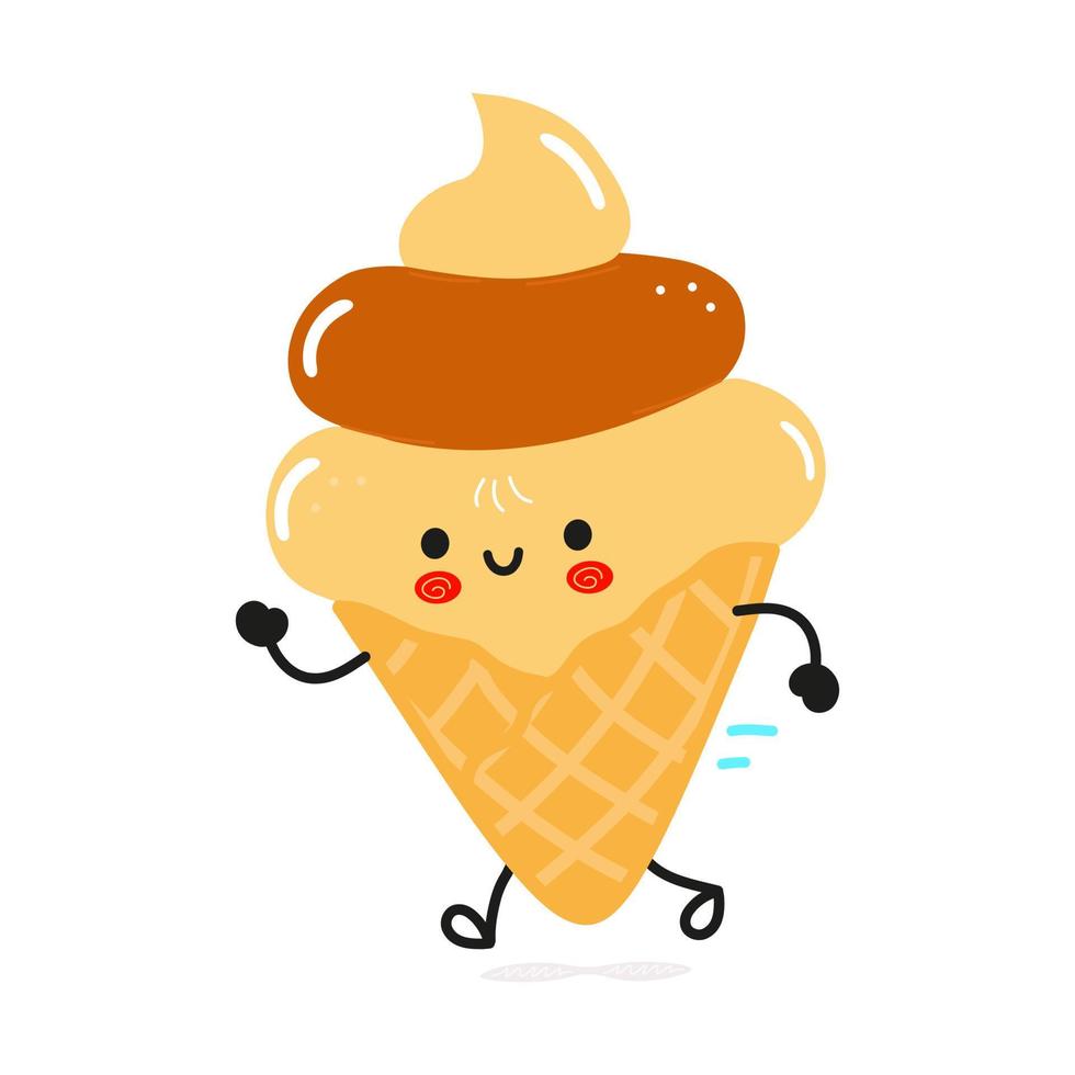 lindo helado corriendo divertido. icono de ilustración de personaje kawaii de dibujos animados dibujados a mano vectorial. aislado sobre fondo blanco. ejecutar el concepto de helado vector